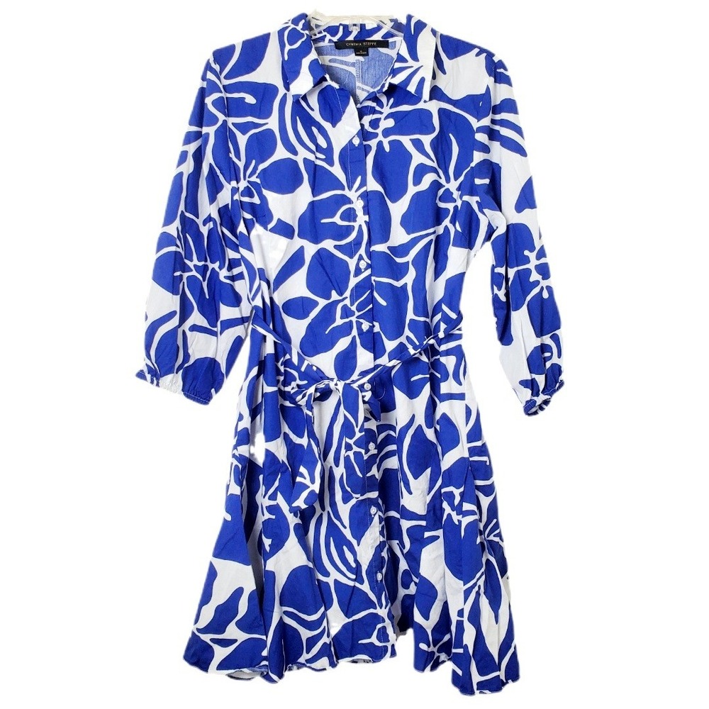 Cynthia Steffe Blue & White Floral Cotton Shirt Dress XL Button Front Belted